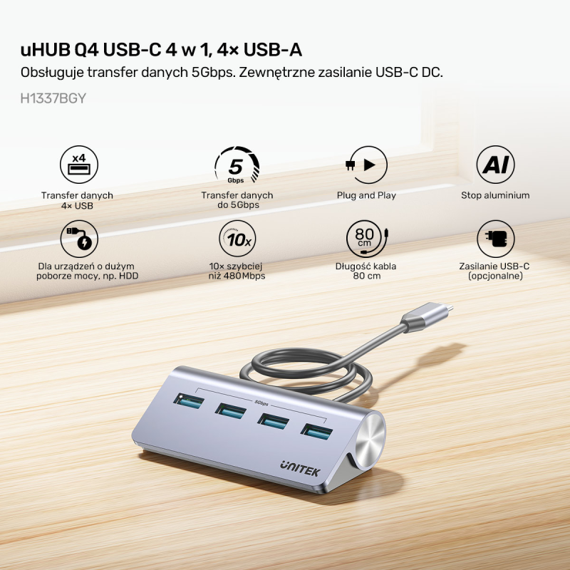 Unitek Ergonomiczny hub USB-C | 4x USB-A | 5Gbps