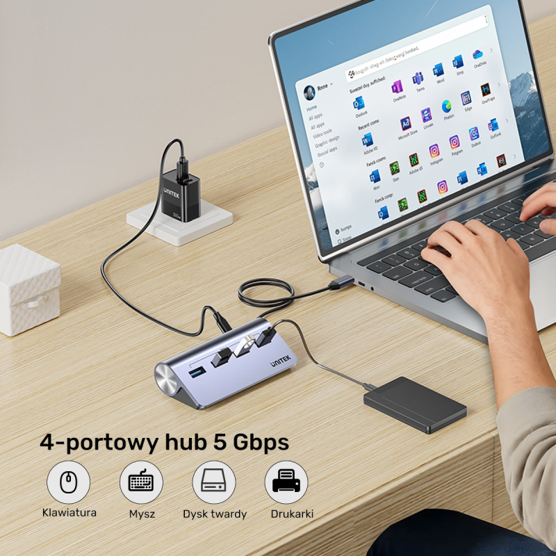 Unitek Ergonomiczny hub USB-C | 4x USB-A | 5Gbps
