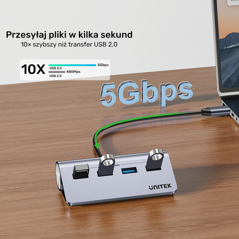 Unitek Ergonomiczny hub USB-C | 4x USB-A | 5Gbps
