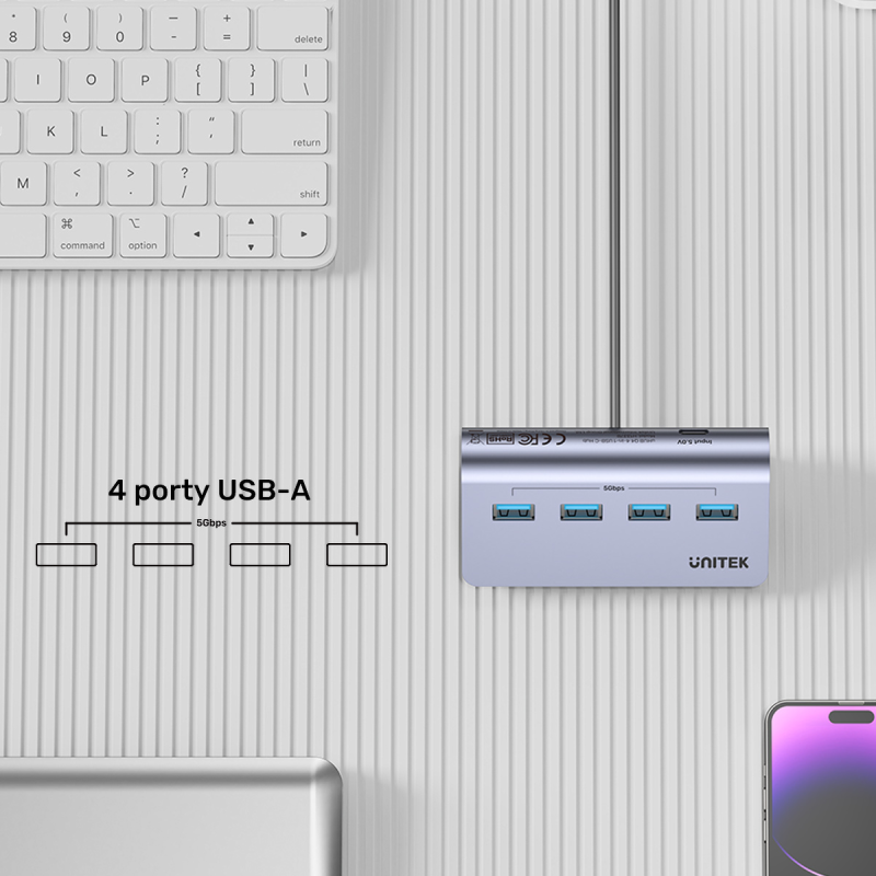Unitek Ergonomiczny hub USB-C | 4x USB-A | 5Gbps
