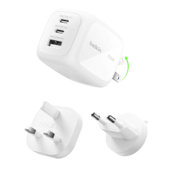 Belkin Ładowarka 70W GaN, 2x USB-C, USB-A, podróżna (EU, US, UK), biała