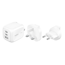 Belkin Ładowarka 70W GaN, 2x USB-C, USB-A, podróżna (EU, US, UK), biała
