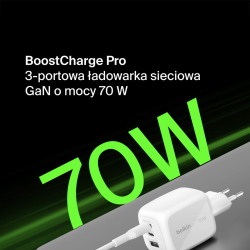 Belkin Ładowarka 70W GaN, 2x USB-C, USB-A, podróżna (EU, US, UK), biała