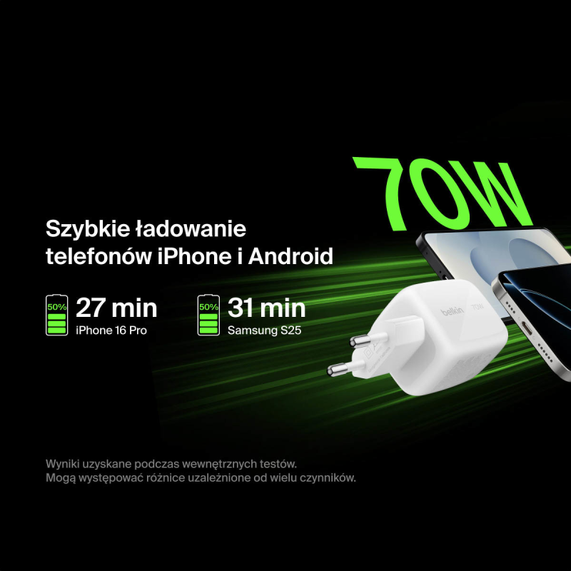 Belkin Ładowarka 70W GaN, 2x USB-C, USB-A, podróżna (EU, US, UK), biała