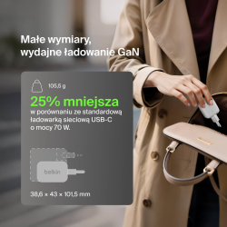 Belkin Ładowarka 70W GaN, 2x USB-C, USB-A, podróżna (EU, US, UK), biała