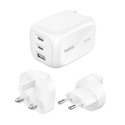 Belkin Ładowarka 100W GaN, 2x USB-C, USB-A, podróżna (EU, US, UK), biała