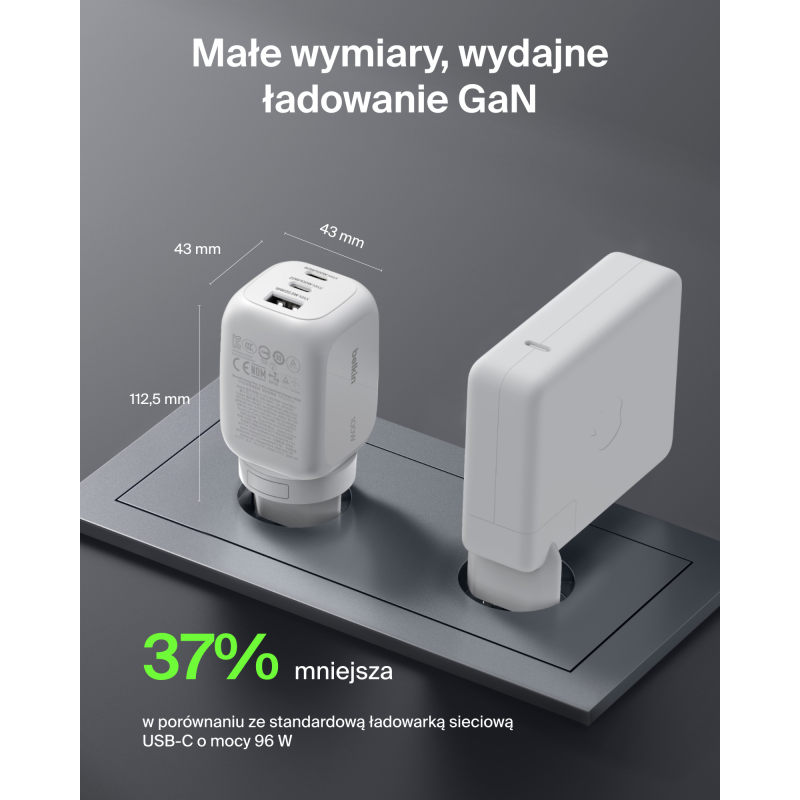 Belkin Ładowarka 100W GaN, 2x USB-C, USB-A, podróżna (EU, US, UK), biała