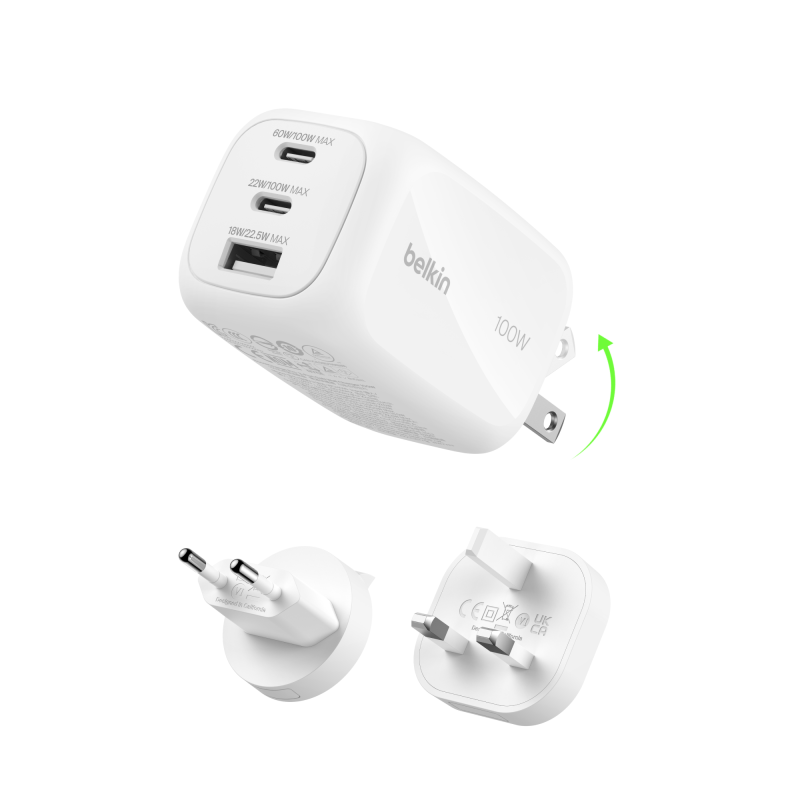 Belkin Ładowarka 100W GaN, 2x USB-C, USB-A, podróżna (EU, US, UK), biała