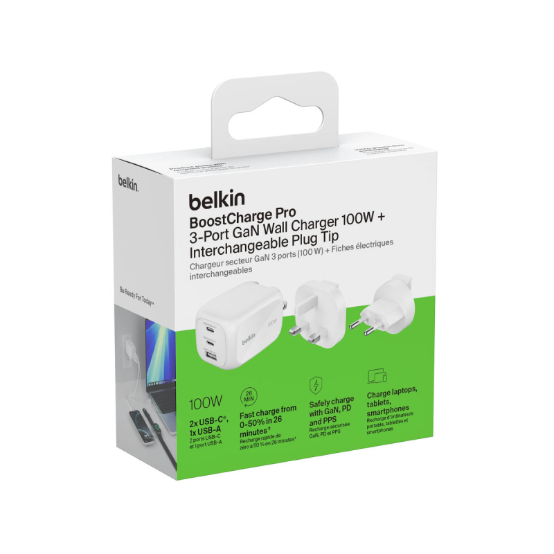 Belkin Ładowarka 100W GaN, 2x USB-C, USB-A, podróżna (EU, US, UK), biała