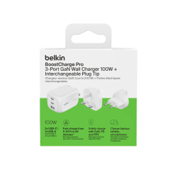 Belkin Ładowarka 100W GaN, 2x USB-C, USB-A, podróżna (EU, US, UK), biała
