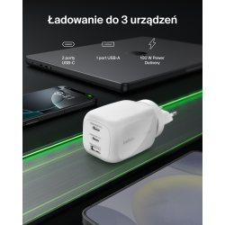 Belkin Ładowarka 100W GaN, 2x USB-C, USB-A, podróżna (EU, US, UK), biała
