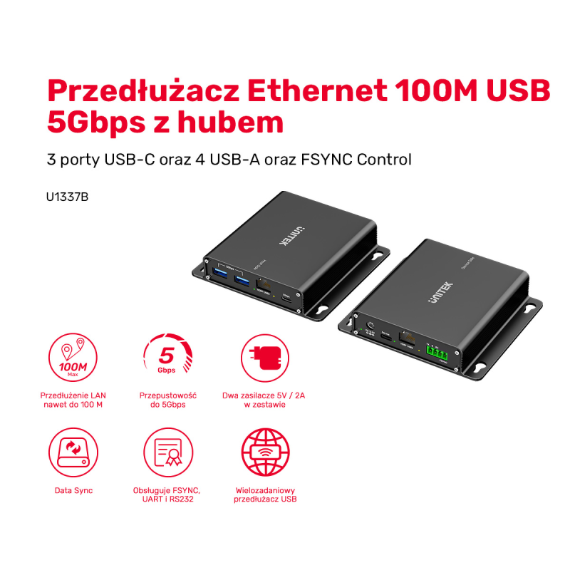 Unitek Przedłużacz USB 5 Gb/s 100 m przez Ethernet z hubem