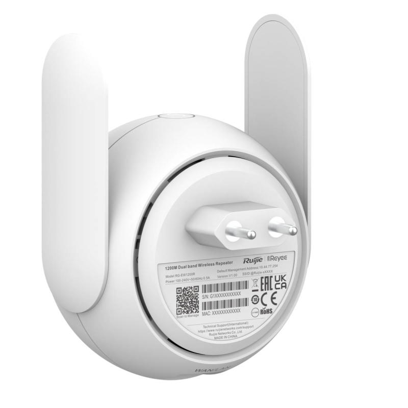 Ruijie Reyee RG-EW1200R | Wzmaczniacz Wi-Fi, 1 port, 1xFE, WiFi 5, 2,4-5GHz, AC1200, Wewnętrzny, Cloud, Mesh, Roaming, Repeater,