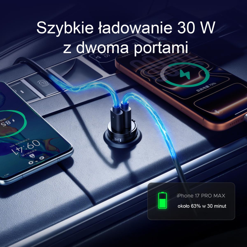 Orico Ładowarka samochodowa, 2 × USB-C, 30W