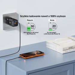 Unitek Ładowarka sieciowa 2-portowa GaN 20W, USB-C, USB-A, PD 3.0, czarna