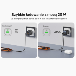 Unitek Ładowarka sieciowa 2-portowa GaN 20W, USB-C, USB-A, PD 3.0, czarna