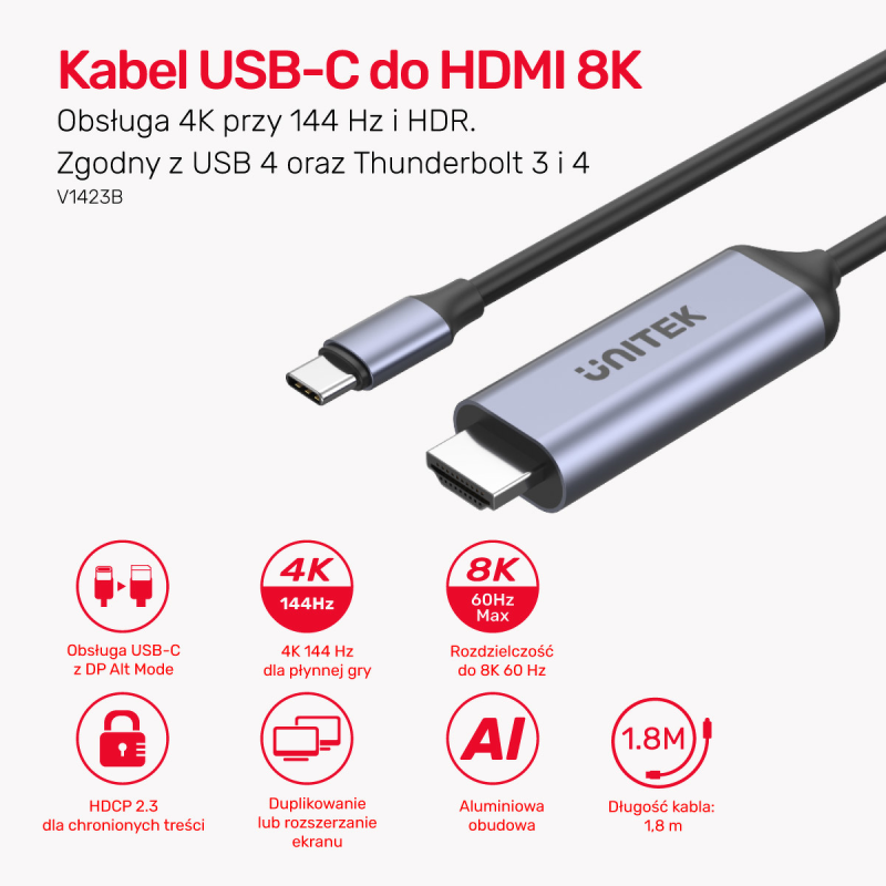 Unitek Kabel USB-C do HDMI 8K | USB 4 | HDR10+ | HDCP 2.3 | 1.8m