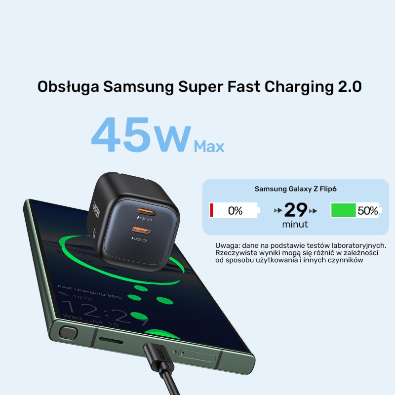 Unitek Ładowarka sieciowa 2-portowa GaN 45W, 2xUSB-C, PD 3.0, QC, czarna