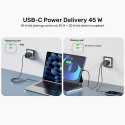 Unitek Ładowarka sieciowa 2-portowa GaN 45W, 2xUSB-C, PD 3.0, QC, czarna