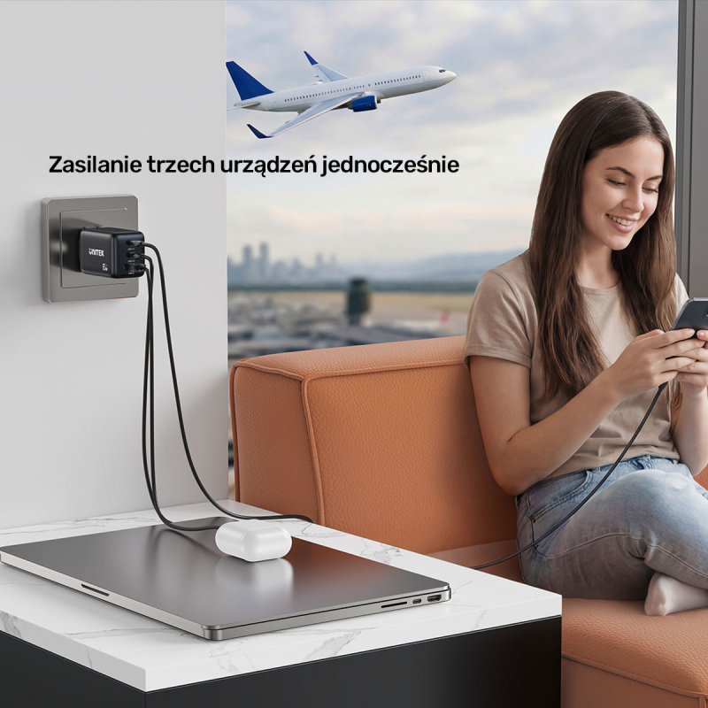 Unitek Ładowarka sieciowa 3-portowa GaN 65W, 2xUSB-C, USB-A, PD 3.0, czarna