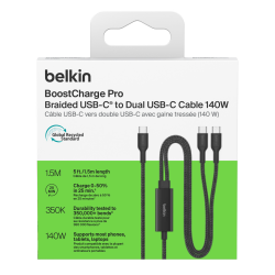 Belkin BoostCharge Pro Kabel USB-C na 2*USB-C 140W, w oplocie, 1,5m, czarny