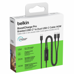 Belkin BoostCharge Pro Kabel USB-C na 2*USB-C 140W, w oplocie, 1,5m, czarny