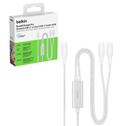 Belkin BoostCharge Pro Kabel USB-C na 2*USB-C 140W, w oplocie, 1,5m, biały