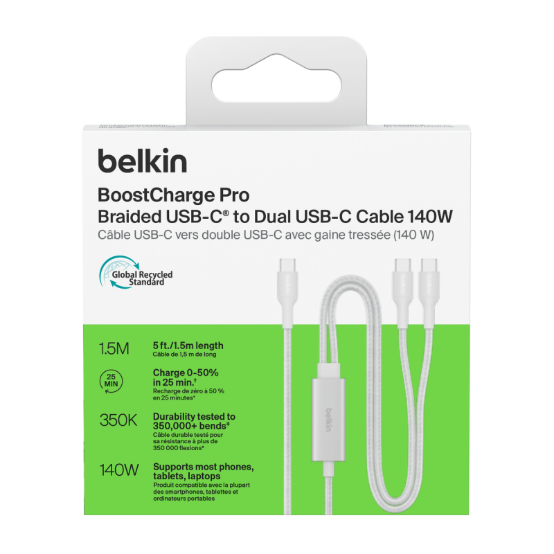 Belkin BoostCharge Pro Kabel USB-C na 2*USB-C 140W, w oplocie, 1,5m, biały