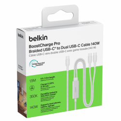 Belkin BoostCharge Pro Kabel USB-C na 2*USB-C 140W, w oplocie, 1,5m, biały