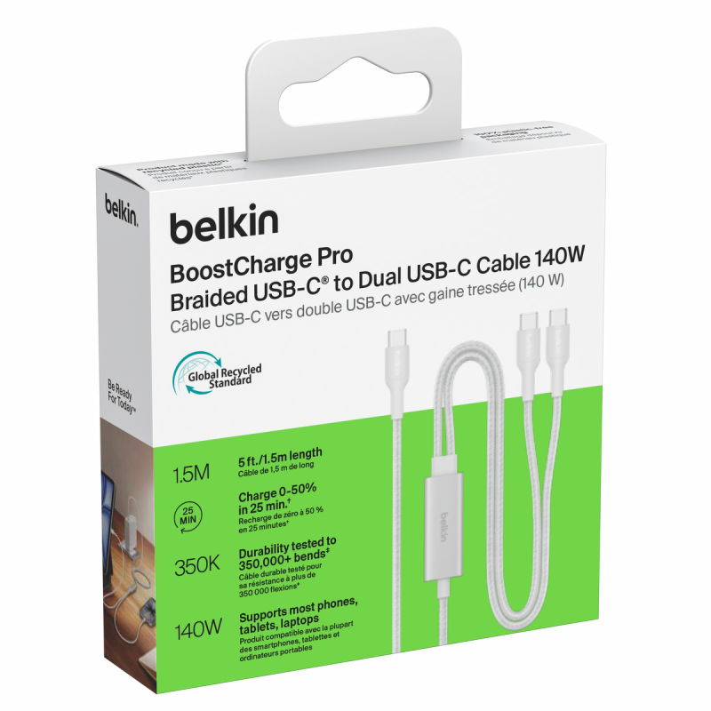 Belkin BoostCharge Pro Kabel USB-C na 2*USB-C 140W, w oplocie, 1,5m, biały