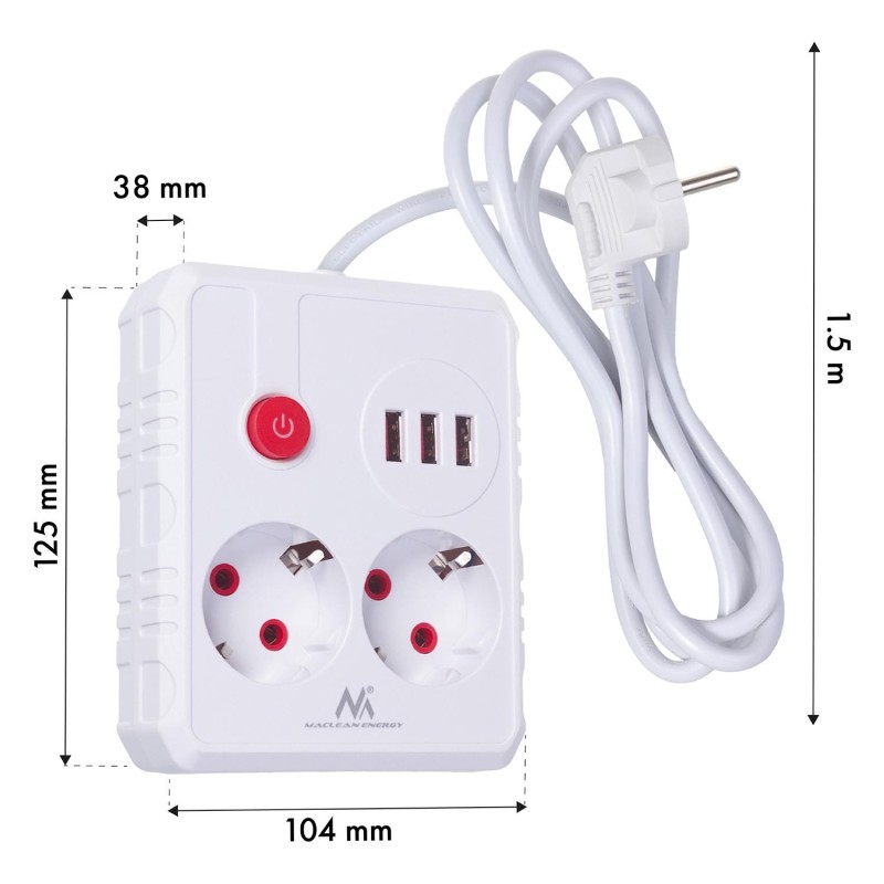 Listwa zasilająca Maclean MCE387 W, przedłużacz 2 gniazda + 3xUSB, 110-240V