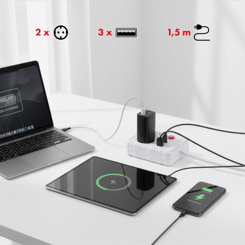 Listwa zasilająca Maclean MCE387 W, przedłużacz 2 gniazda + 3xUSB, 110-240V