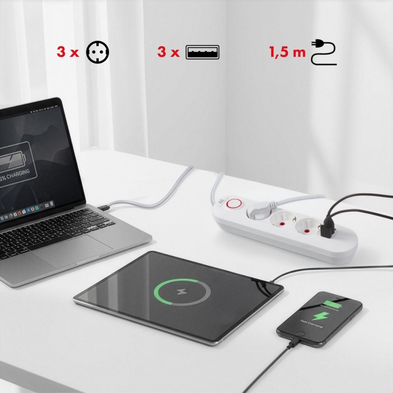 Listwa zasilająca Maclean MCE394 W, przedłużacz 3gniazda + 3xUSB, 110-240V