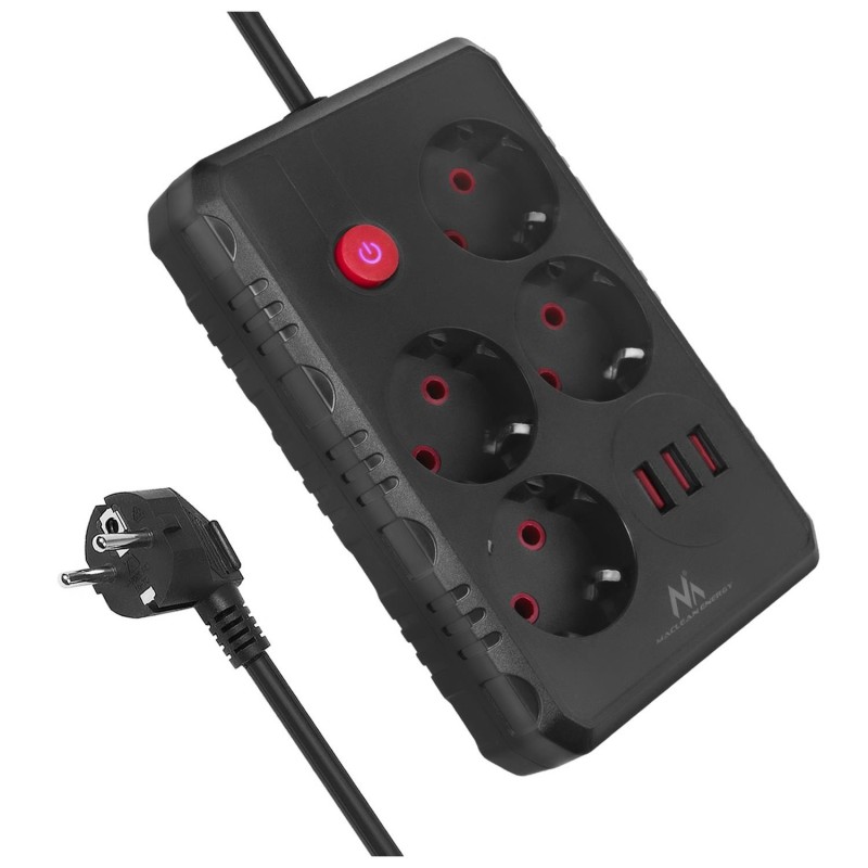 Listwa zasilająca Maclean MCE393 B, przedłużacz 4 gniazda + 3xUSB, 110-240V