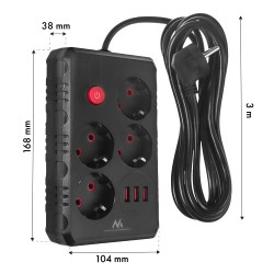 Listwa zasilająca Maclean MCE393 B, przedłużacz 4 gniazda + 3xUSB, 110-240V