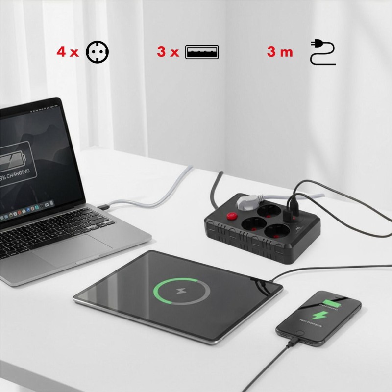 Listwa zasilająca Maclean MCE393 B, przedłużacz 4 gniazda + 3xUSB, 110-240V
