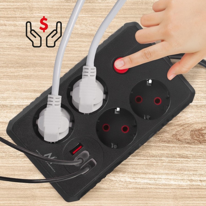 Listwa zasilająca Maclean MCE393 B, przedłużacz 4 gniazda + 3xUSB, 110-240V