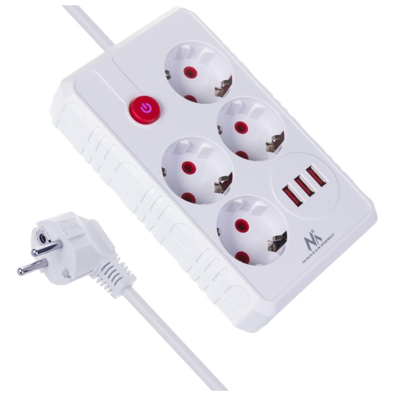 Listwa zasilająca Maclean MCE393 W, przedłużacz 4 gniazda + 3xUSB, 110-240V
