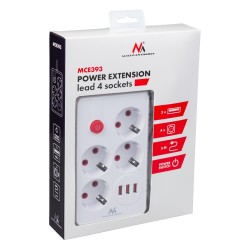 Listwa zasilająca Maclean MCE393 W, przedłużacz 4 gniazda + 3xUSB, 110-240V