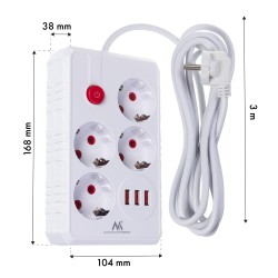 Listwa zasilająca Maclean MCE393 W, przedłużacz 4 gniazda + 3xUSB, 110-240V