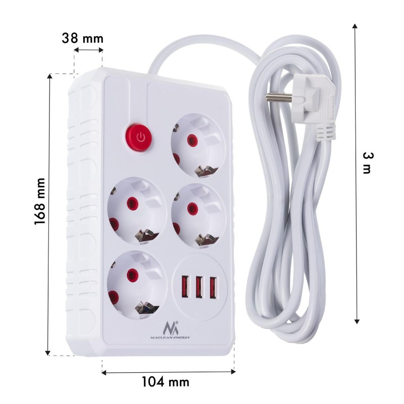 Listwa zasilająca Maclean MCE393 W, przedłużacz 4 gniazda + 3xUSB, 110-240V