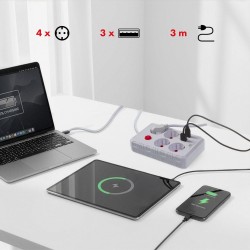 Listwa zasilająca Maclean MCE393 W, przedłużacz 4 gniazda + 3xUSB, 110-240V