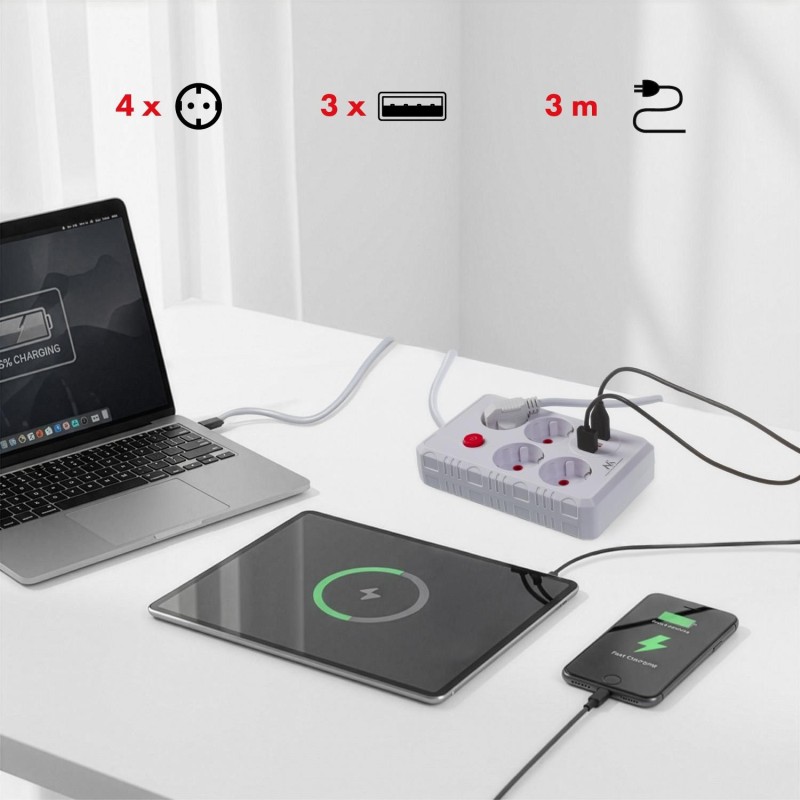 Listwa zasilająca Maclean MCE393 W, przedłużacz 4 gniazda + 3xUSB, 110-240V