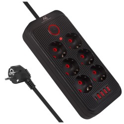 Listwa zasilająca Maclean MCE389 B, przedłużacz 6 gniazd + 4xUSB + USB-C,