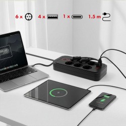 Listwa zasilająca Maclean MCE389 B, przedłużacz 6 gniazd + 4xUSB + USB-C,