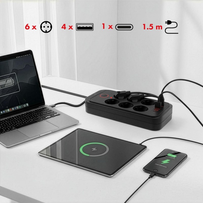Listwa zasilająca Maclean MCE389 B, przedłużacz 6 gniazd + 4xUSB + USB-C,