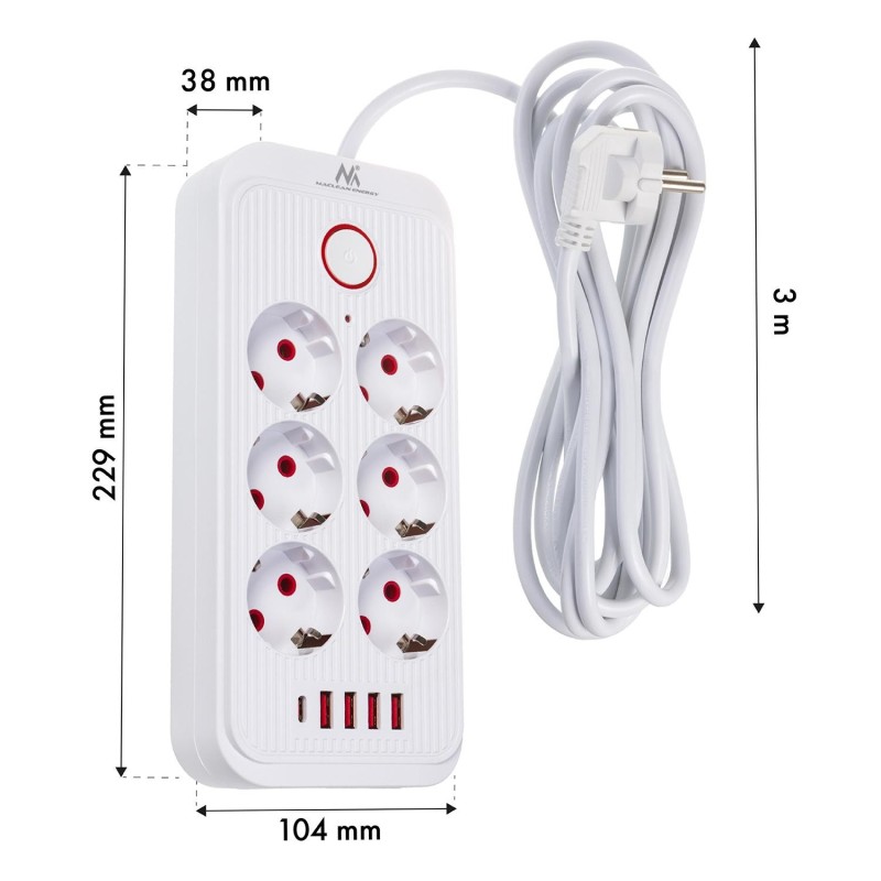 Listwa zasilająca Maclean MCE391 W, przedłużacz 6 gniazd + 4xUSB + USB-C,