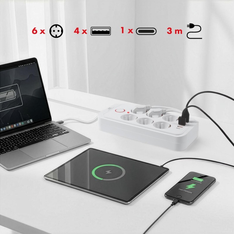 Listwa zasilająca Maclean MCE391 W, przedłużacz 6 gniazd + 4xUSB + USB-C,
