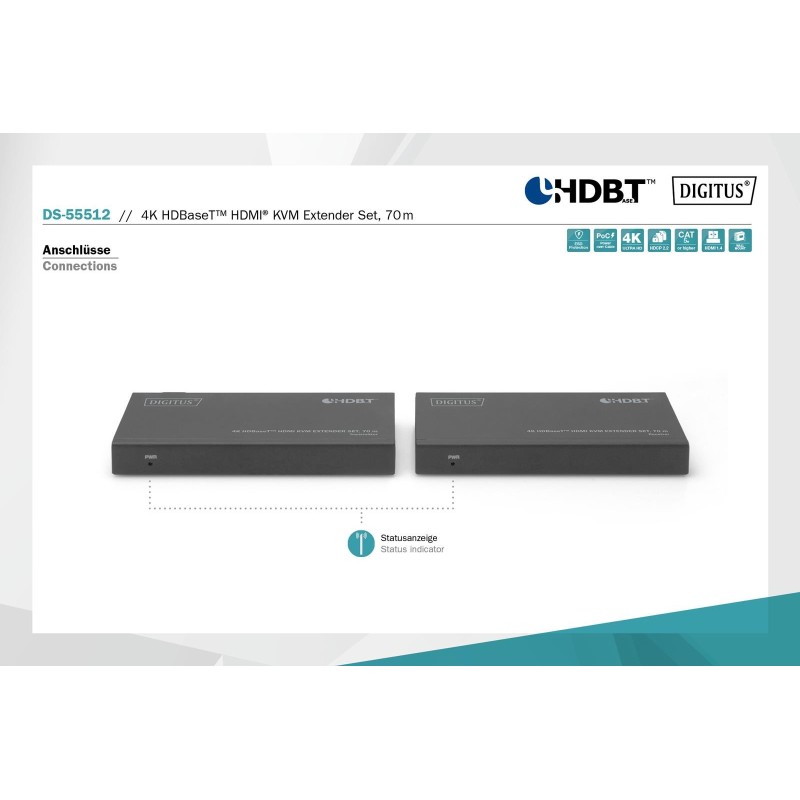 Przedłużacz/Extender KVM DIGITUS HDMI+USB HDBaseT 70m 4K30Hz HDCP 2.2 PoC