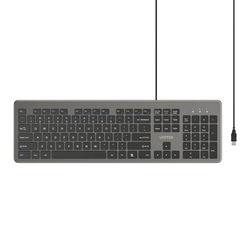 Unitek SlimTap Lekka klawiatura przewodowa biurowa, USB-A, szara